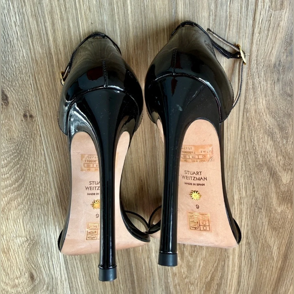 Stuart Weitzman Nudist Black Patent Leather Ankle Strap Sandals Size 9